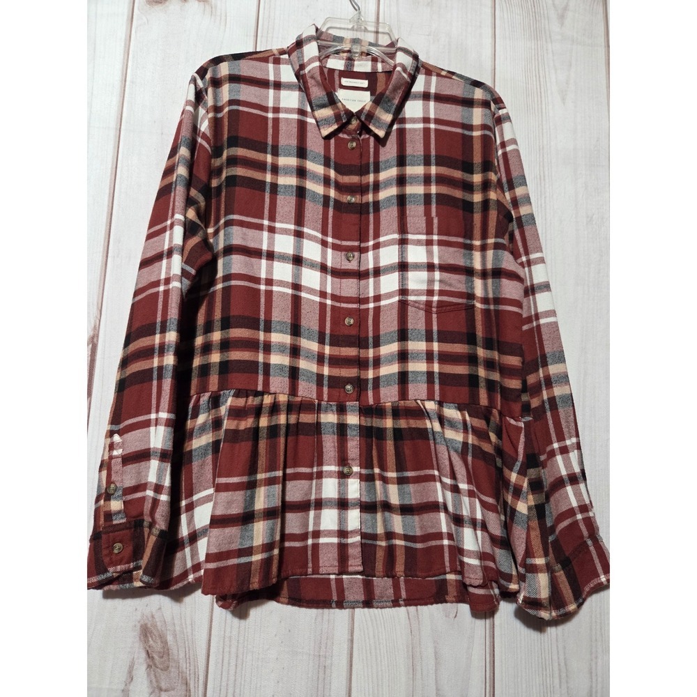 American Eagle Plaid Peplum Button Down Shirt Burgundy White Tan Large L